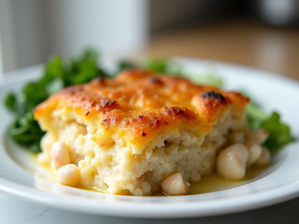 Reheated cheesy crab casserole served with a vegetable side