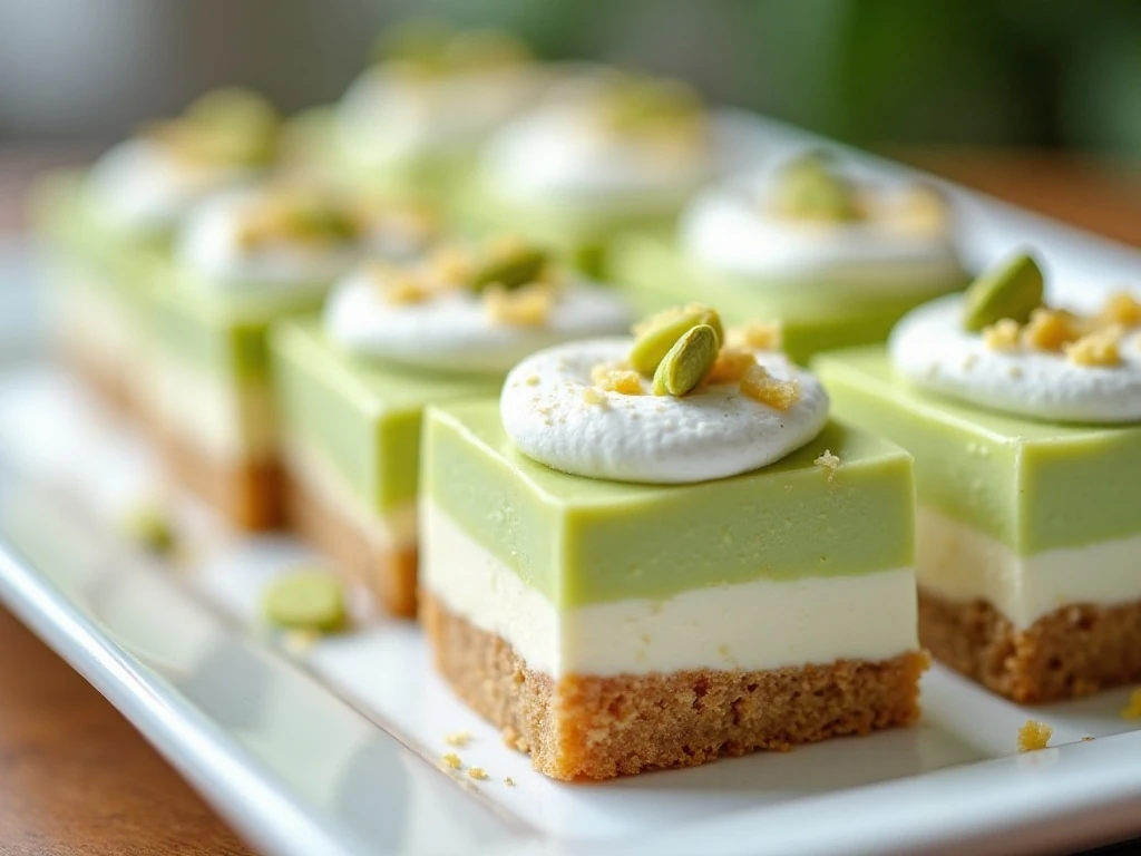 Chilled layered pistachio dessert squares on a serving platter