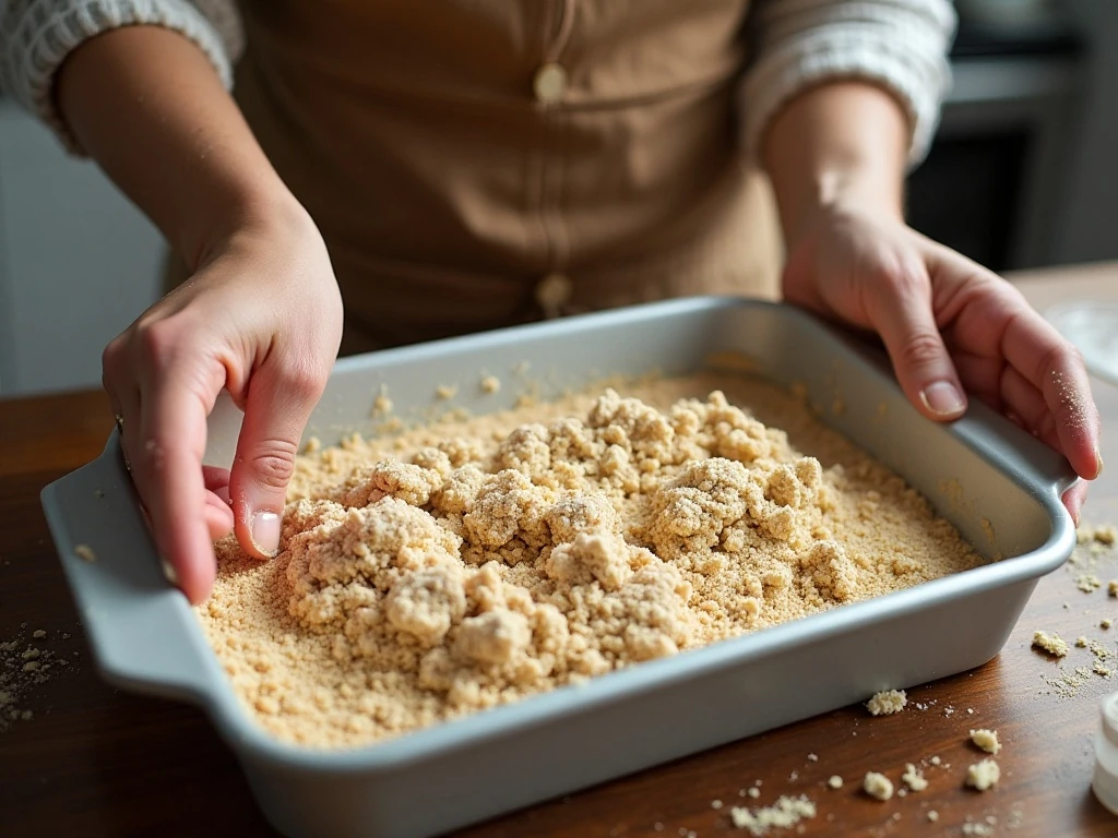 Nut crust being pressed into a baking dish for pistachio dessert