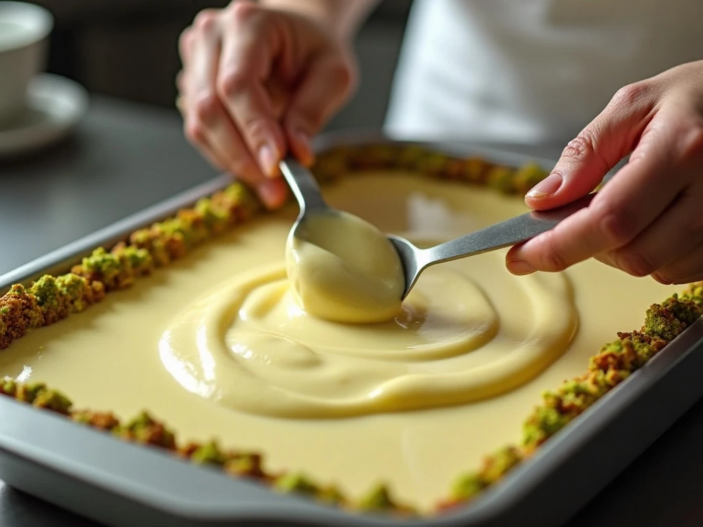 Pistachio pudding spread over the cream-cheese layer