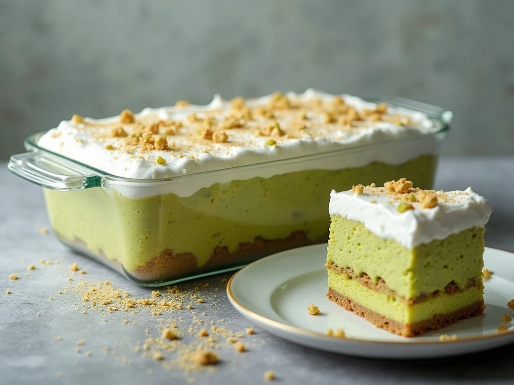 Make-ahead layered pistachio dessert ready to serve