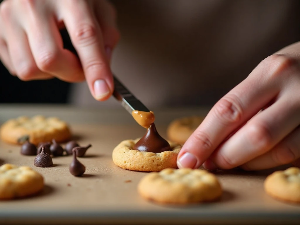 Assembling Nutter Butter acorn cookies with peanut butter and chocolate candies