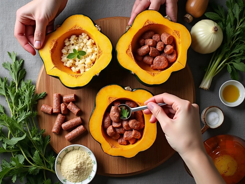 Ingredients for savory acorn squash casserole arranged for fall dinner