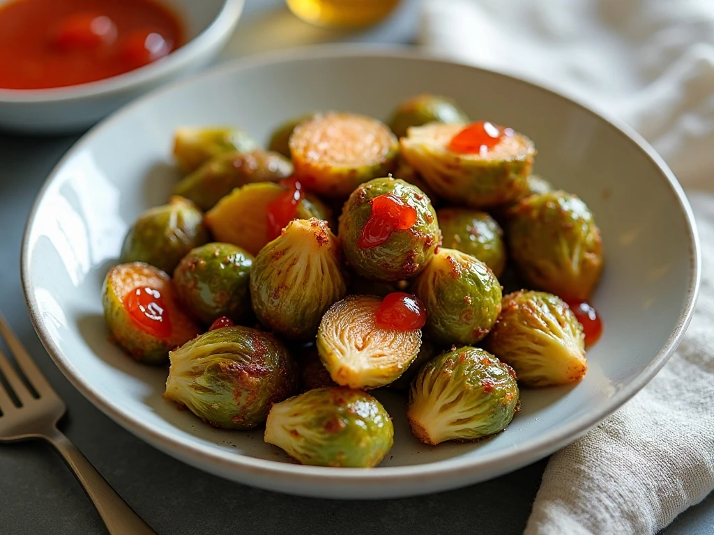 Air fried Brussels sprouts coated with pepper jelly in a serving bowl