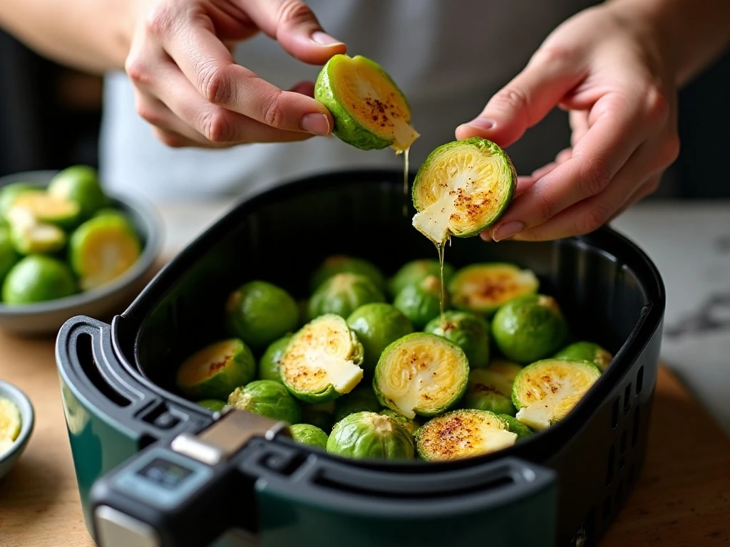 Preparing Brussels sprouts in an air fryer basket
