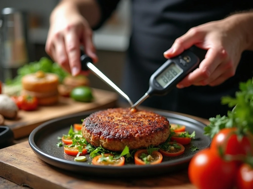 Checking the internal temperature of an air-fried hamburger