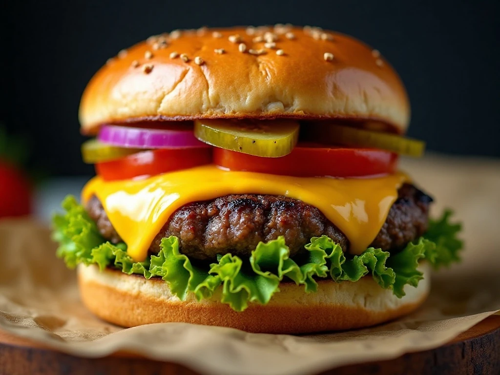 Cheeseburger with fresh toppings on a toasted bun
