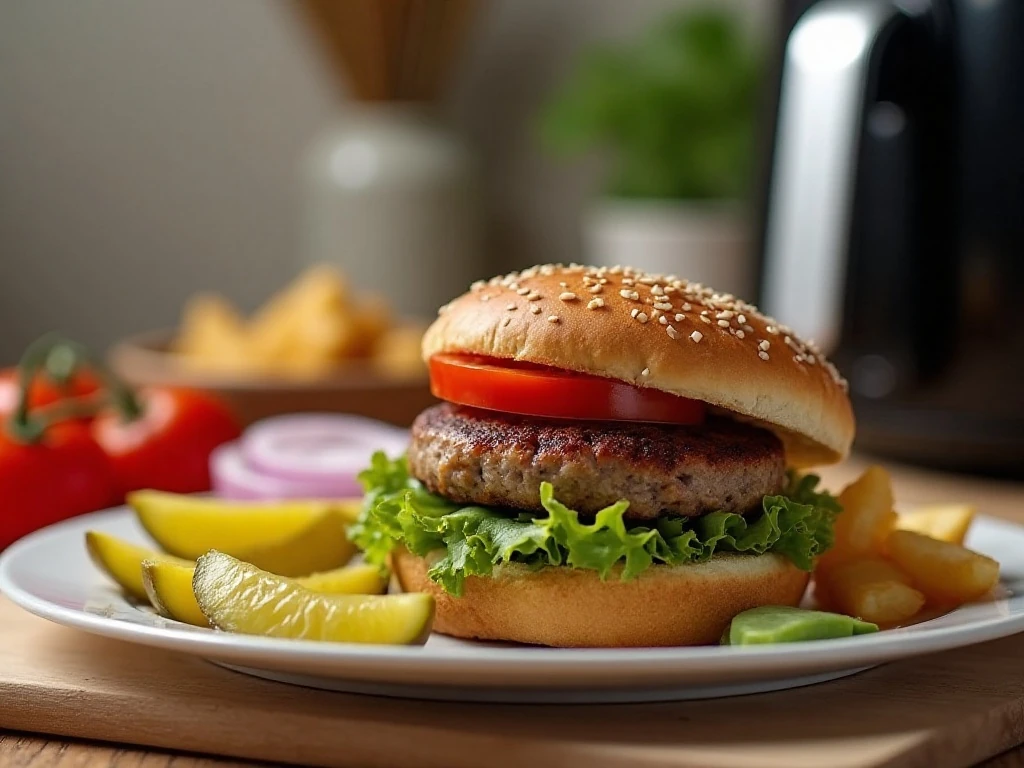 Air-fried hamburger served after reheating with fresh toppings