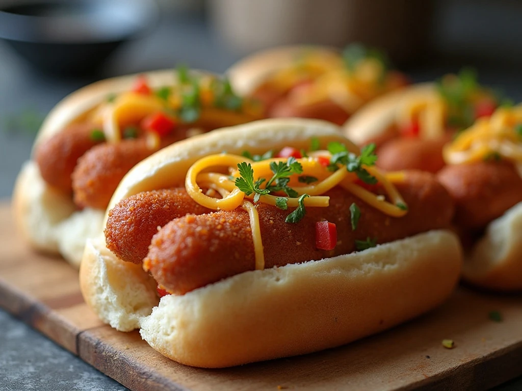 Four crispy air-fried hot dogs in toasted buns with assorted toppings