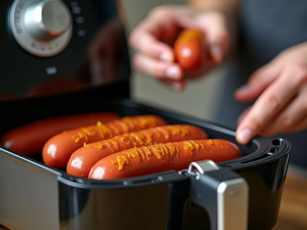 Scored hot dogs arranged in an air-fryer basket