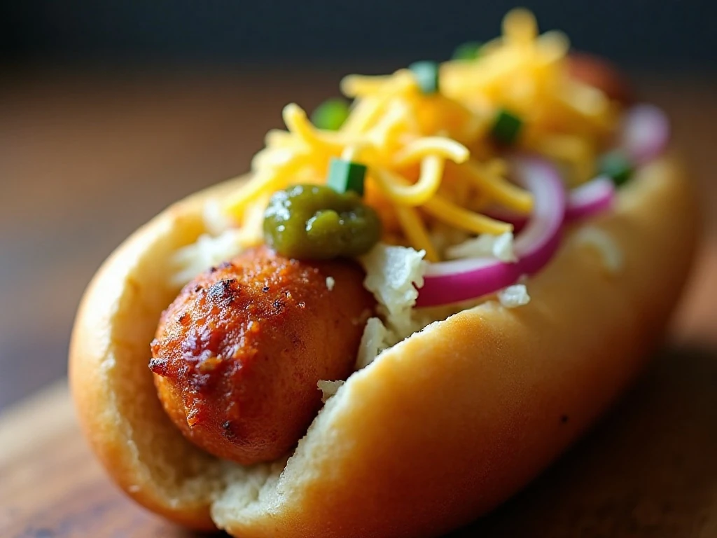 Air-fried hot dog with mustard relish onions sauerkraut and cheese