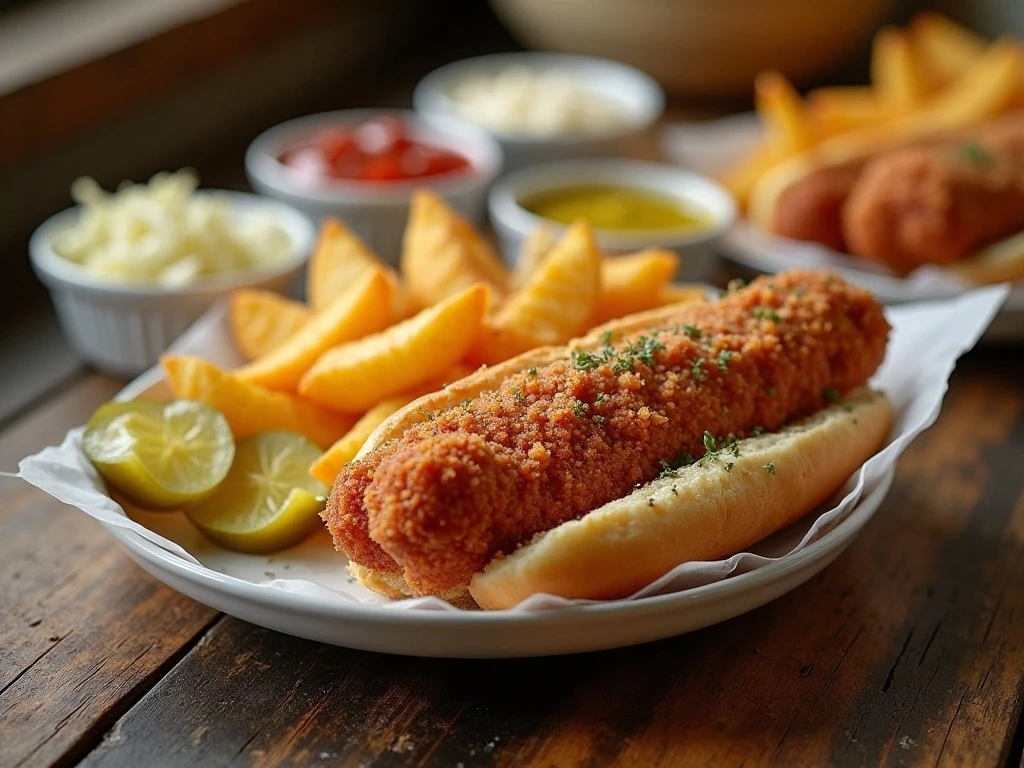 Air-fried hot dogs served with potato wedges coleslaw and pickles