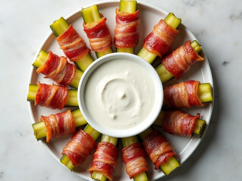 Crisp bacon-wrapped air-fried pickles served with ranch dressing