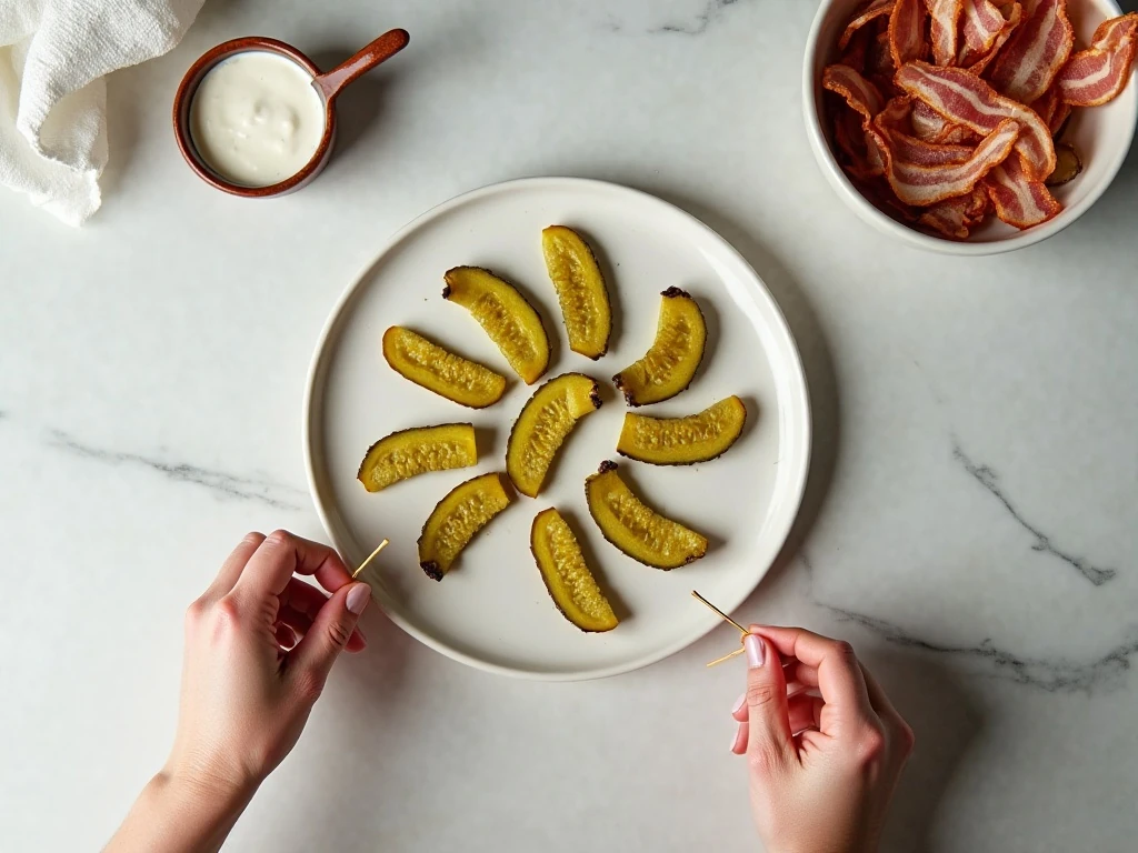 Ingredients for bacon-wrapped air fried pickles with ranch