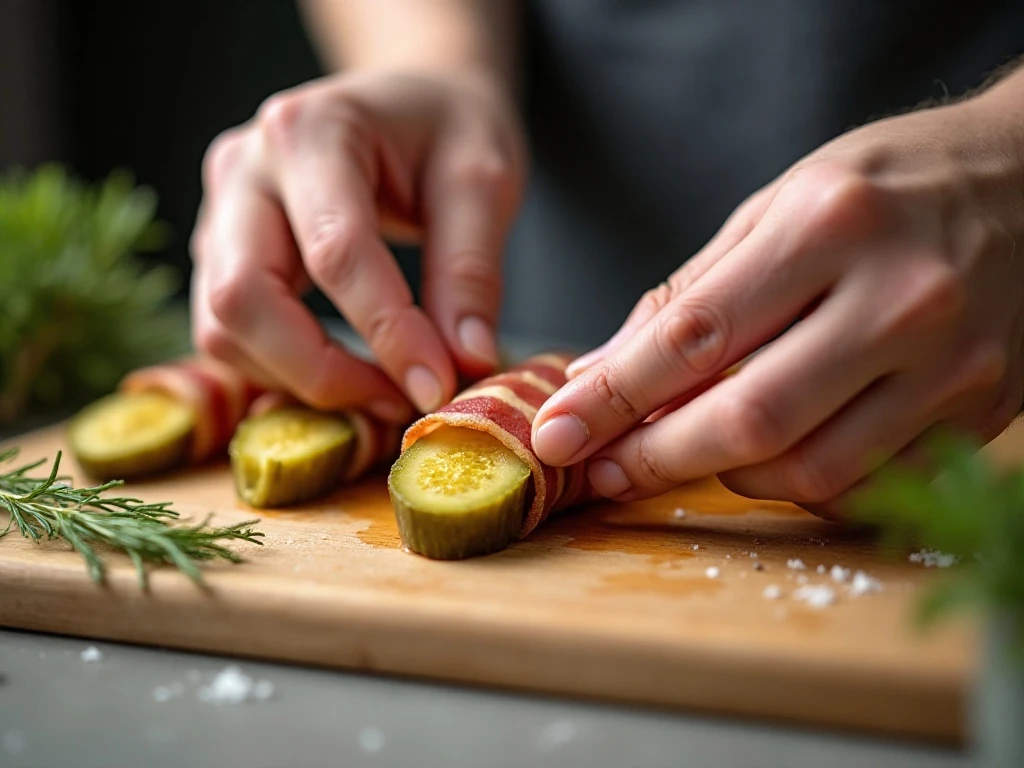 Wrapping bacon around dill pickle spears before air frying