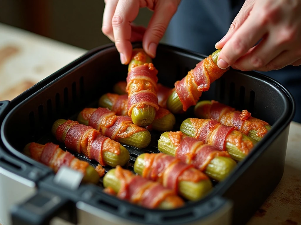 Bacon-wrapped pickles arranged with space in an air fryer basket