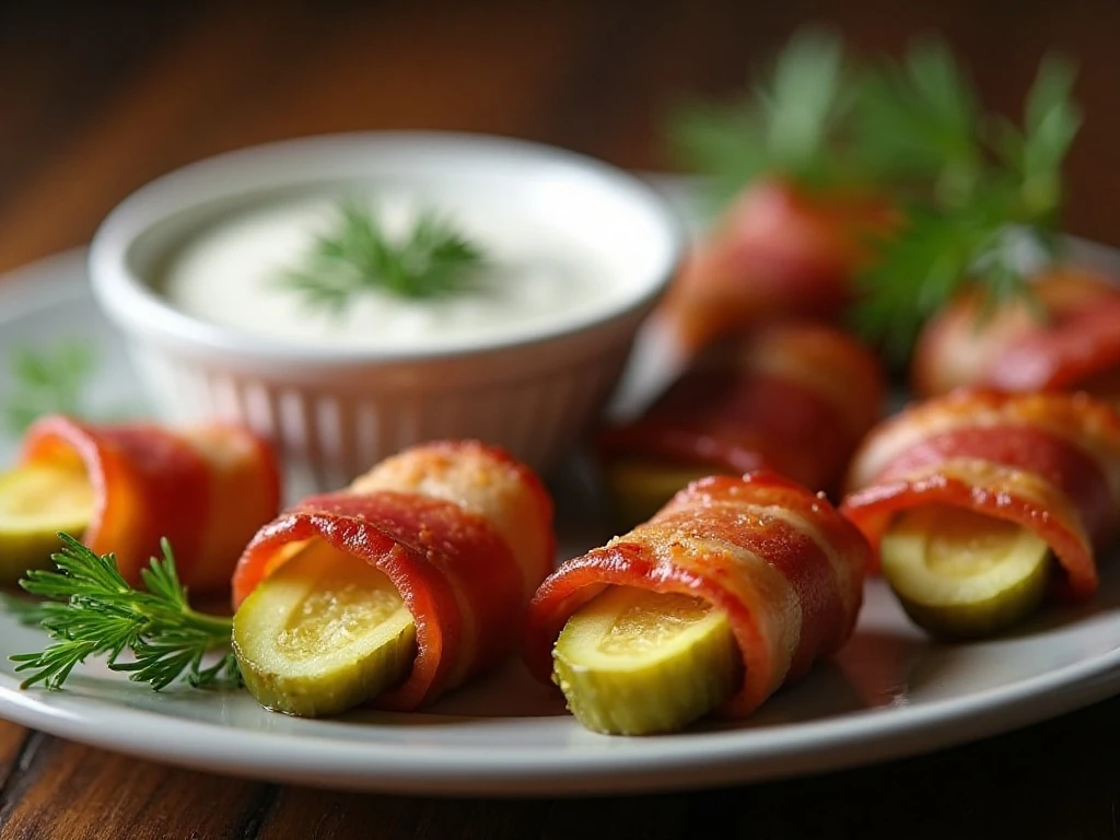 Air fried bacon pickles arranged on a party appetizer platter with ranch