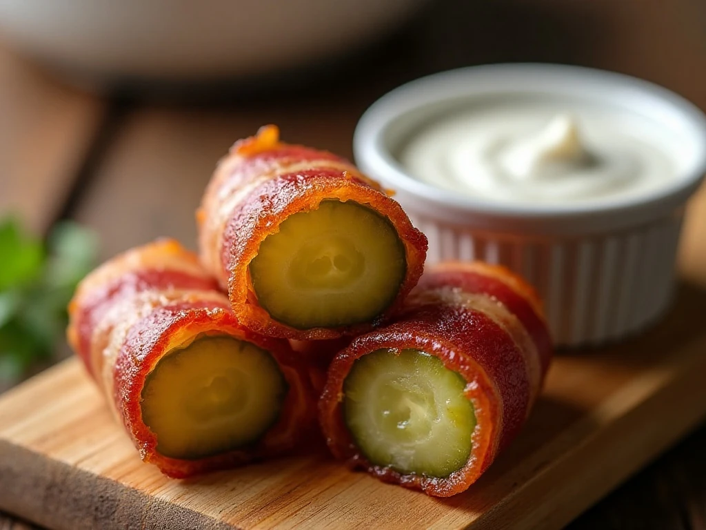 Close-up texture of a crisp bacon-wrapped pickle with ranch dip