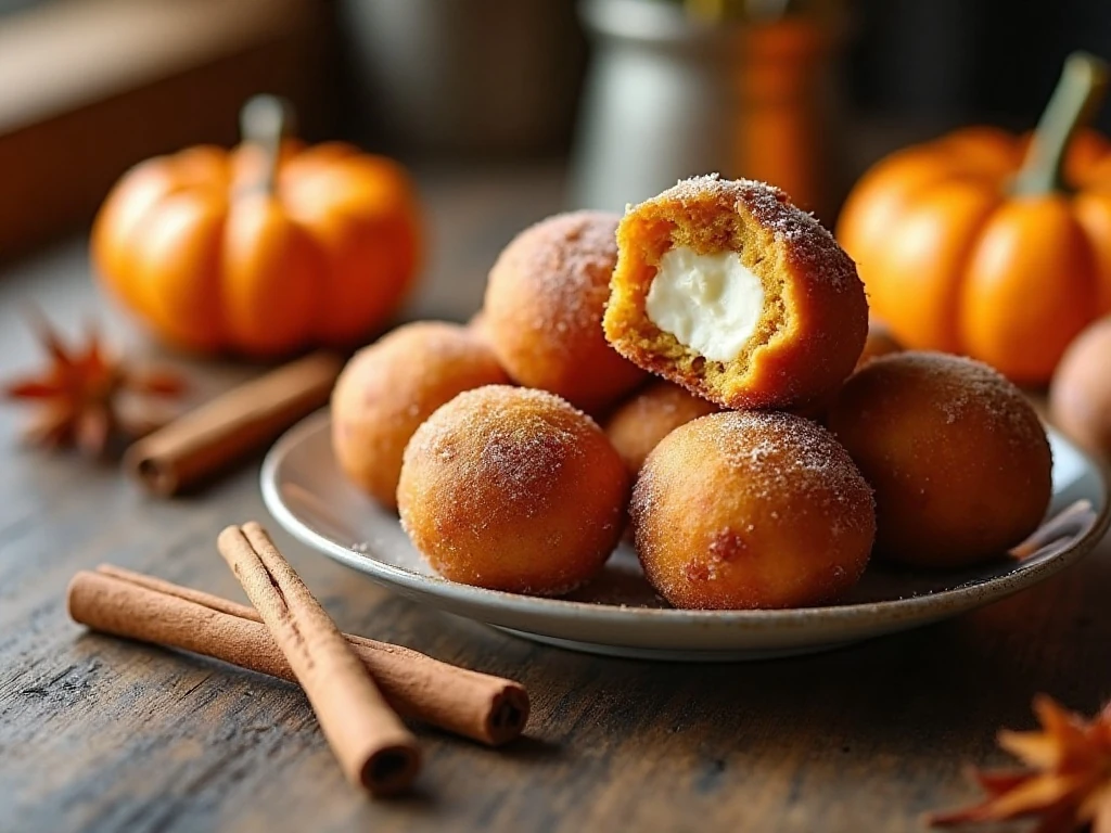 Golden pumpkin spice cream cheese donut holes served on an autumn dessert table
