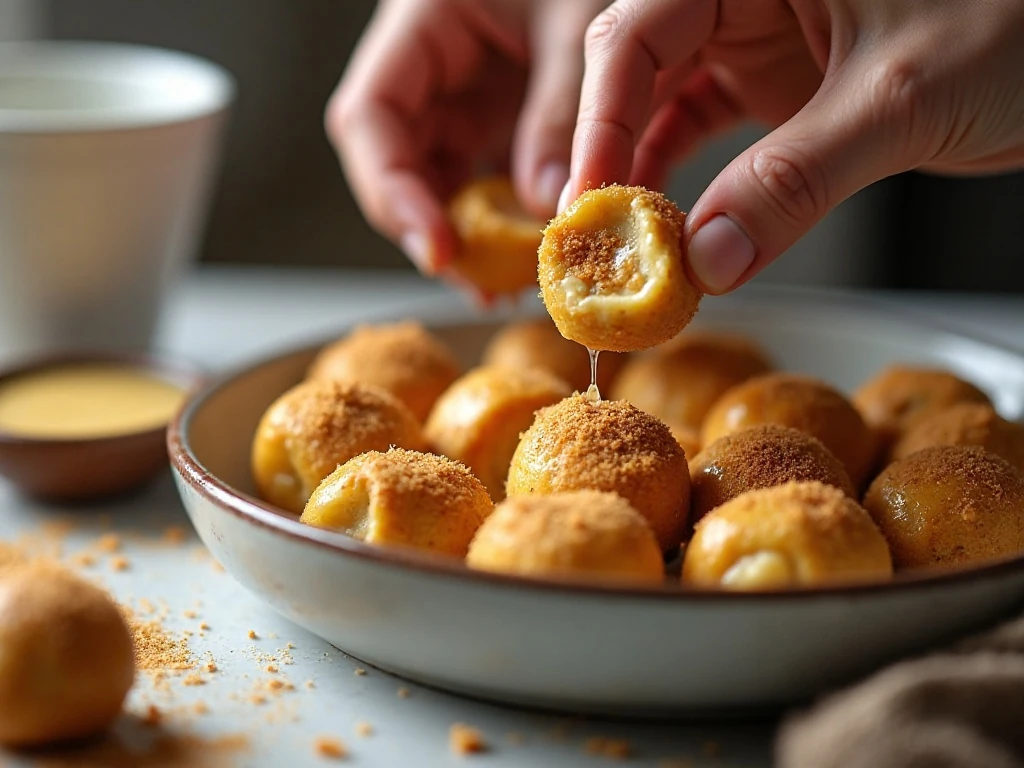 Coating filled donut holes in pumpkin spice sugar