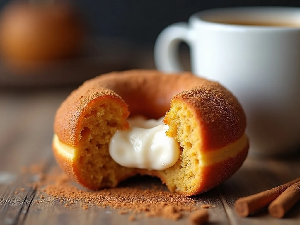 Pumpkin spice cream cheese filling inside a warm donut hole