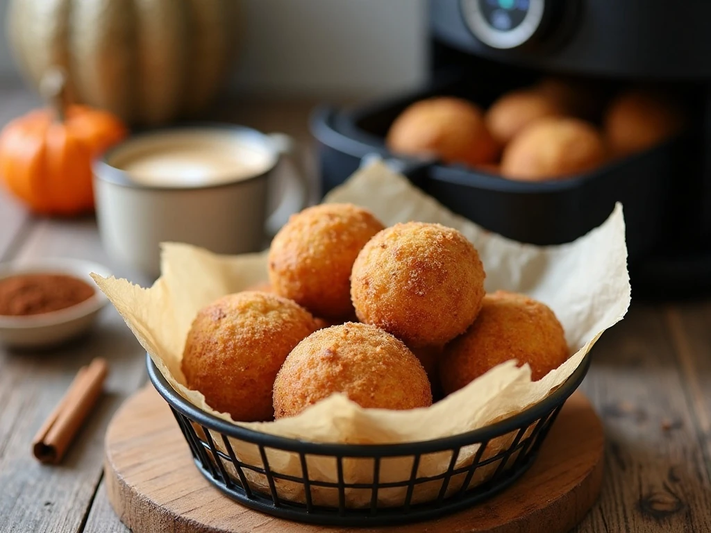 Warm air fried pumpkin spice cream cheese donut holes ready to serve