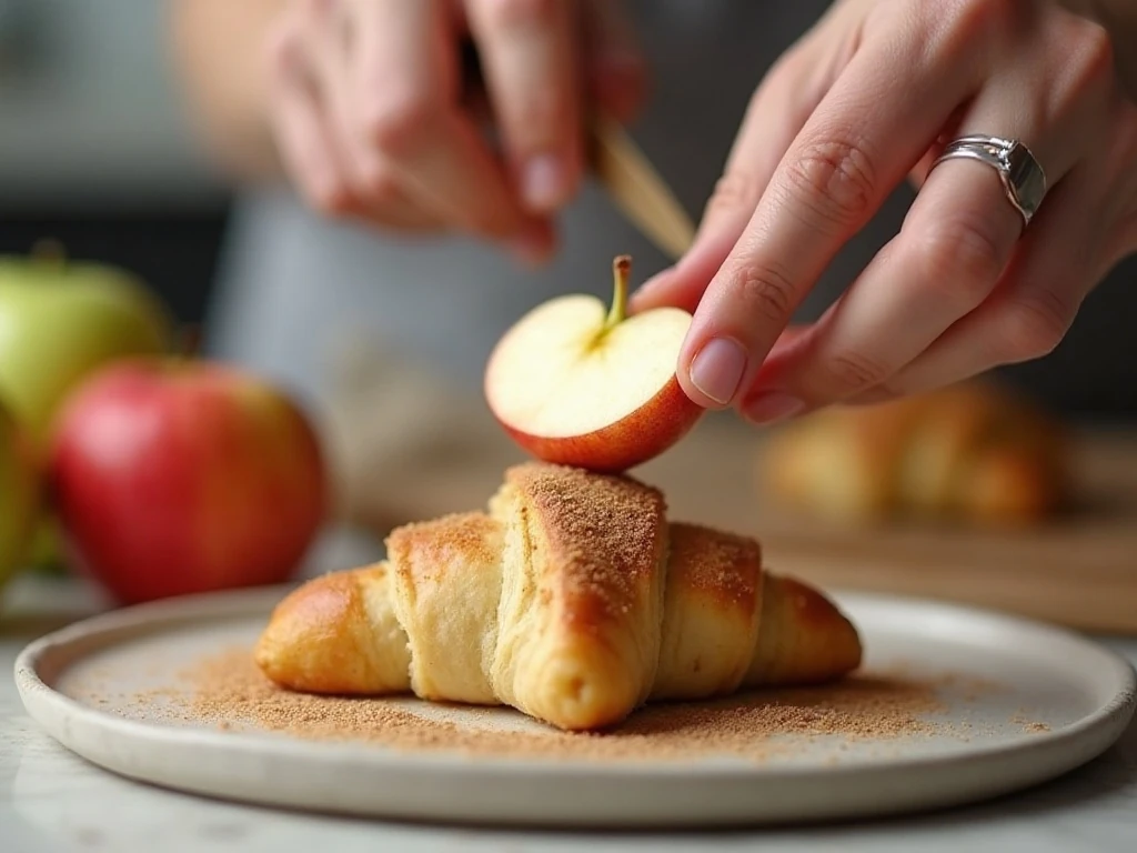 Wrapping an apple wedge in cinnamon-sugar crescent dough