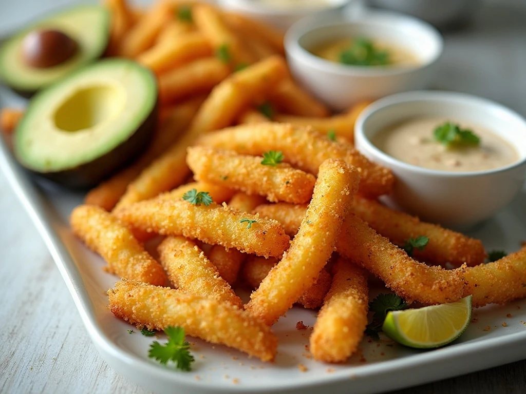 Crispy air fryer avocado fries served with dipping sauces