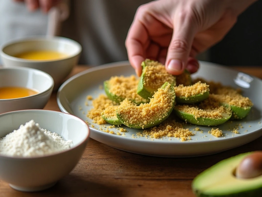 Breading avocado wedges for the air fryer