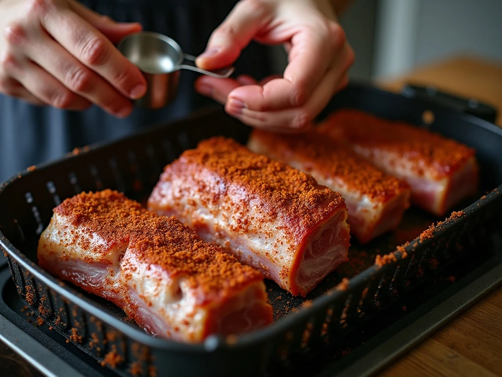 Seasoned baby back ribs arranged in an air fryer basket