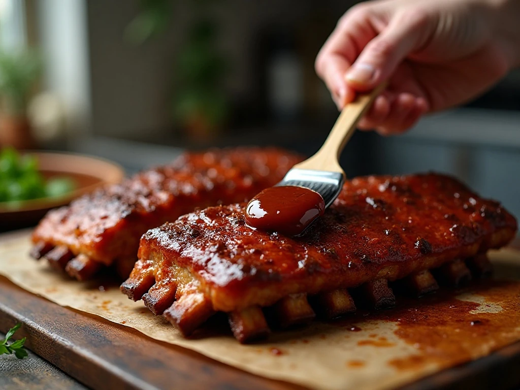 Barbecue sauce brushed onto browned air fryer ribs