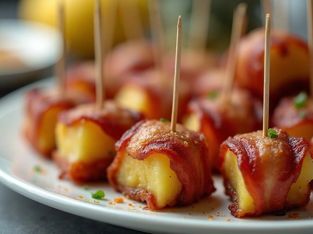 Crispy bacon-wrapped pineapple bites on a serving platter