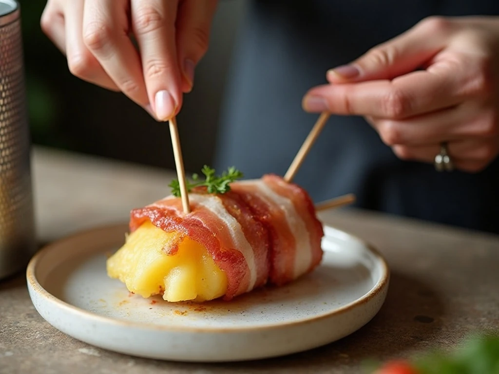 Wrapping pineapple chunks with bacon before air frying