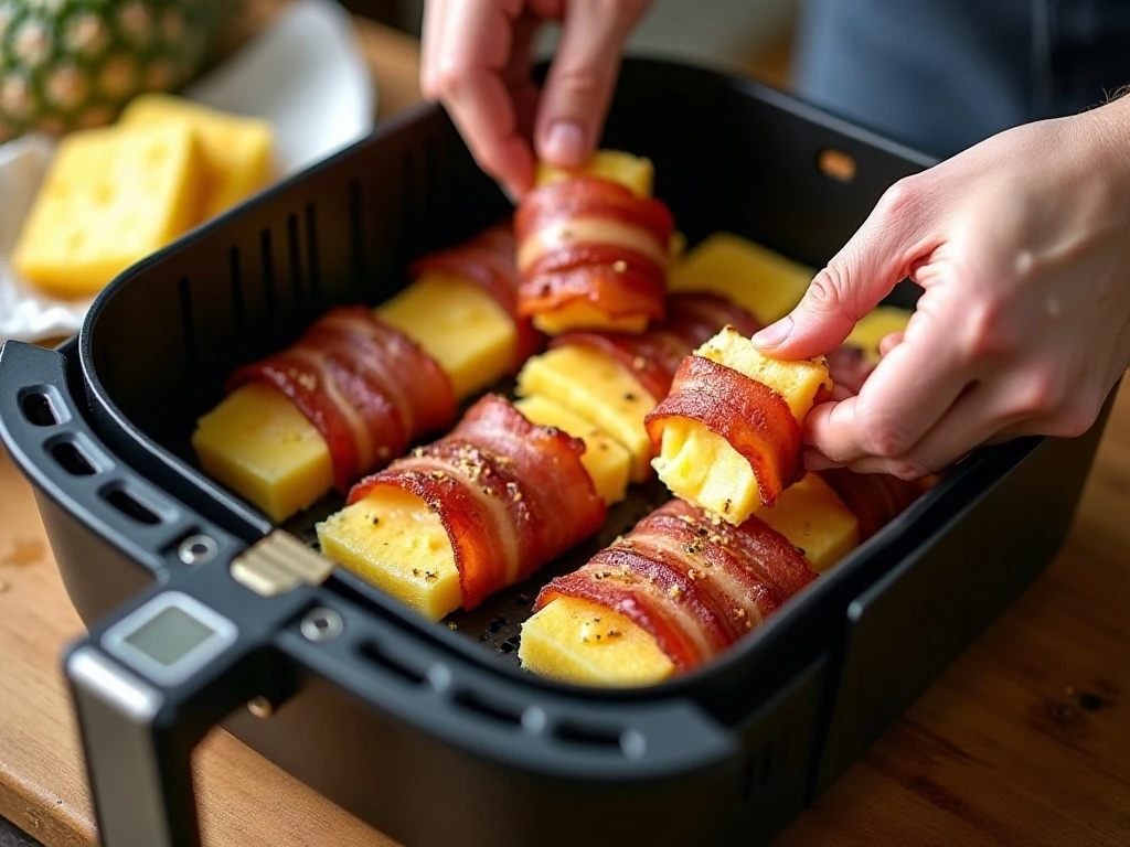 Bacon-wrapped pineapple pieces spaced in an air fryer basket