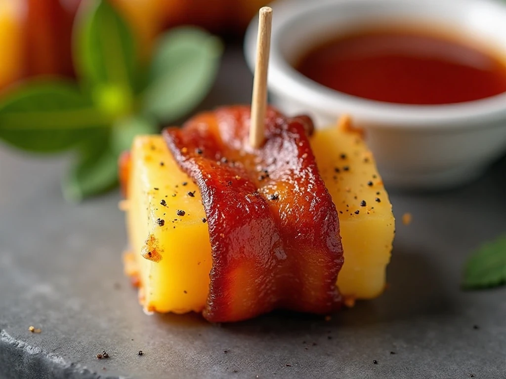 Close-up of a caramelized bacon-wrapped pineapple appetizer