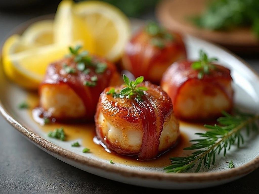 Crispy air fryer bacon-wrapped scallops served with lemon wedges