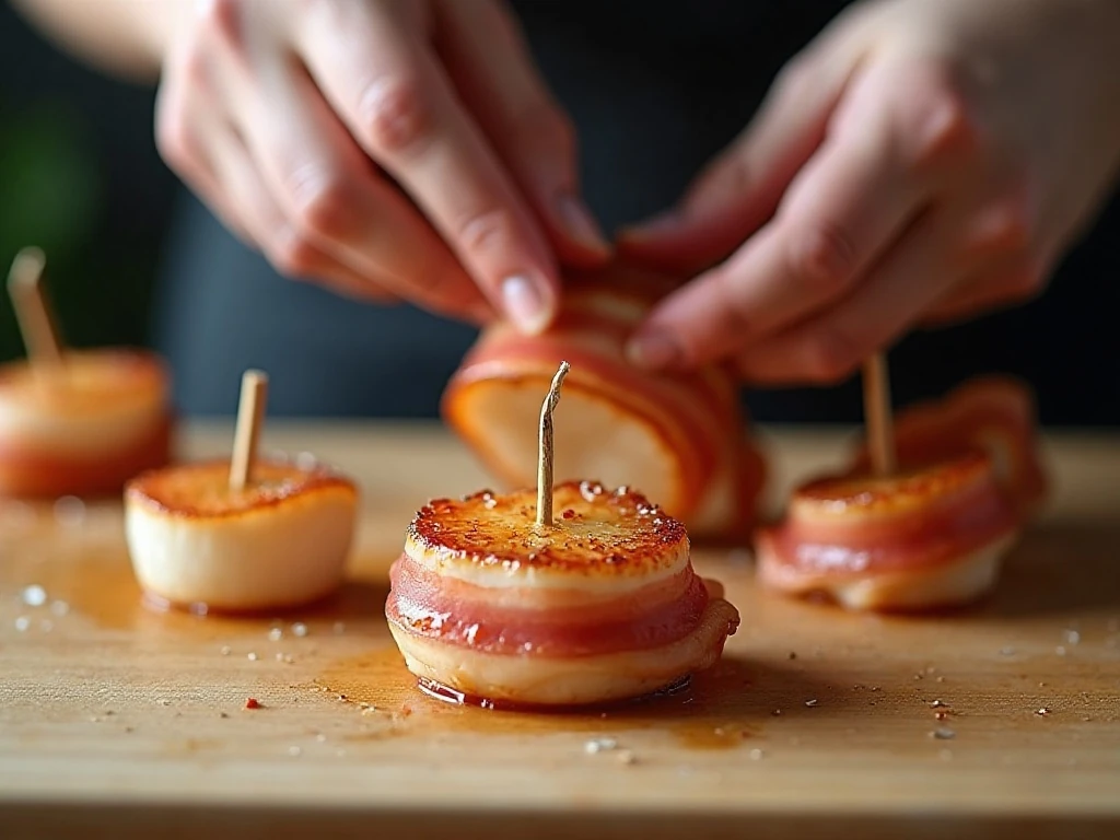 Wrapping scallops in partially cooked bacon before air frying