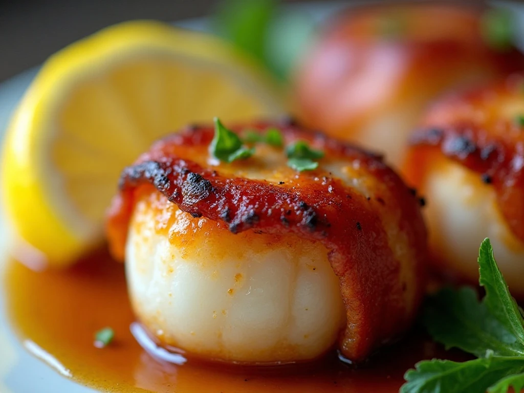 Close-up of a bacon-wrapped scallop with lemon garnish