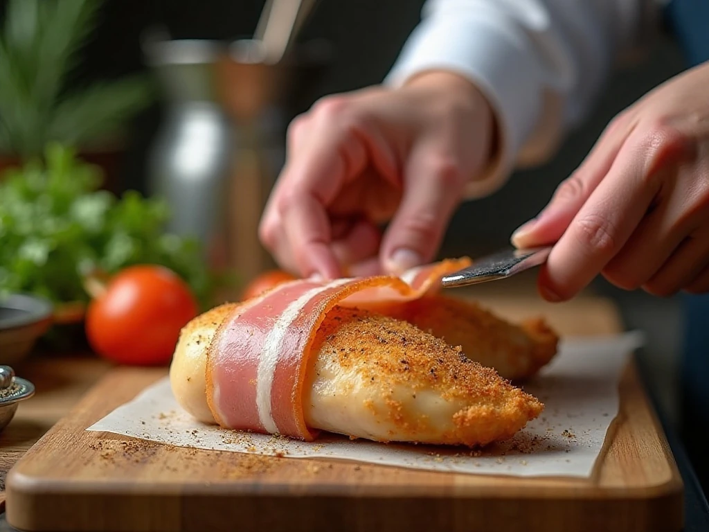 Wrapping seasoned chicken breasts with bacon