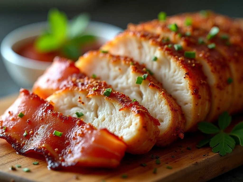 Close-up of crisp bacon and juicy seasoned chicken
