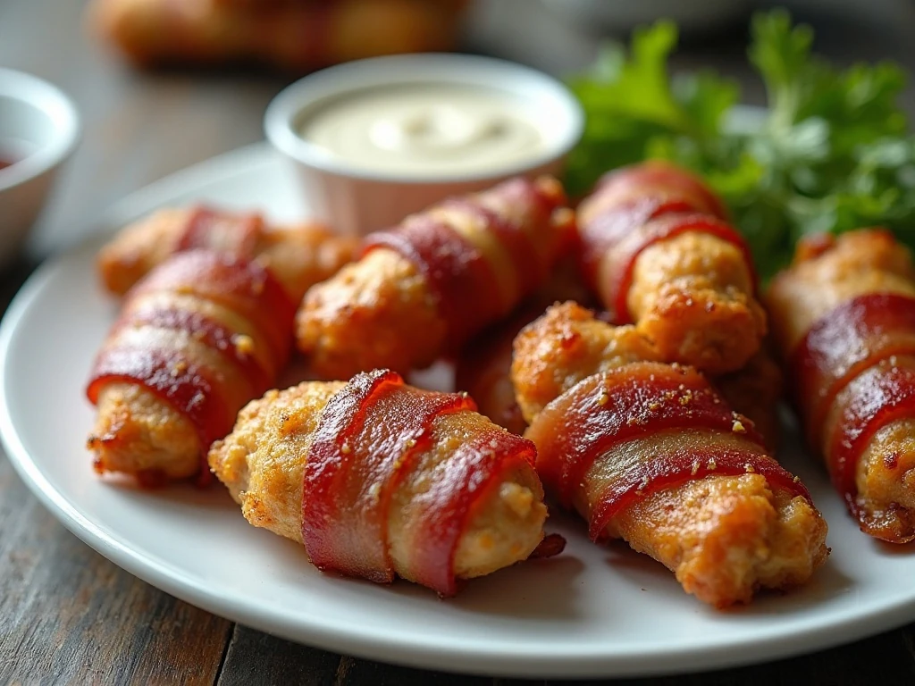 Crispy bacon-wrapped chicken tenders served with dipping sauce