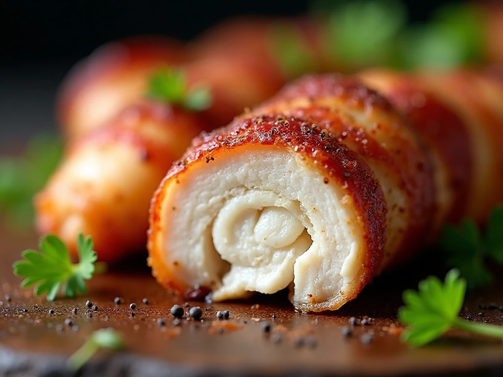 Close-up of juicy chicken and crisp bacon coating