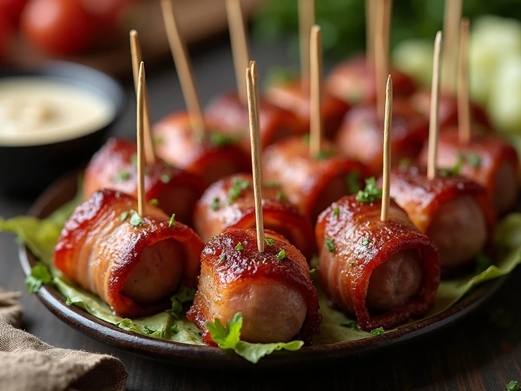 Air fryer bacon-wrapped steak bites arranged on a serving platter