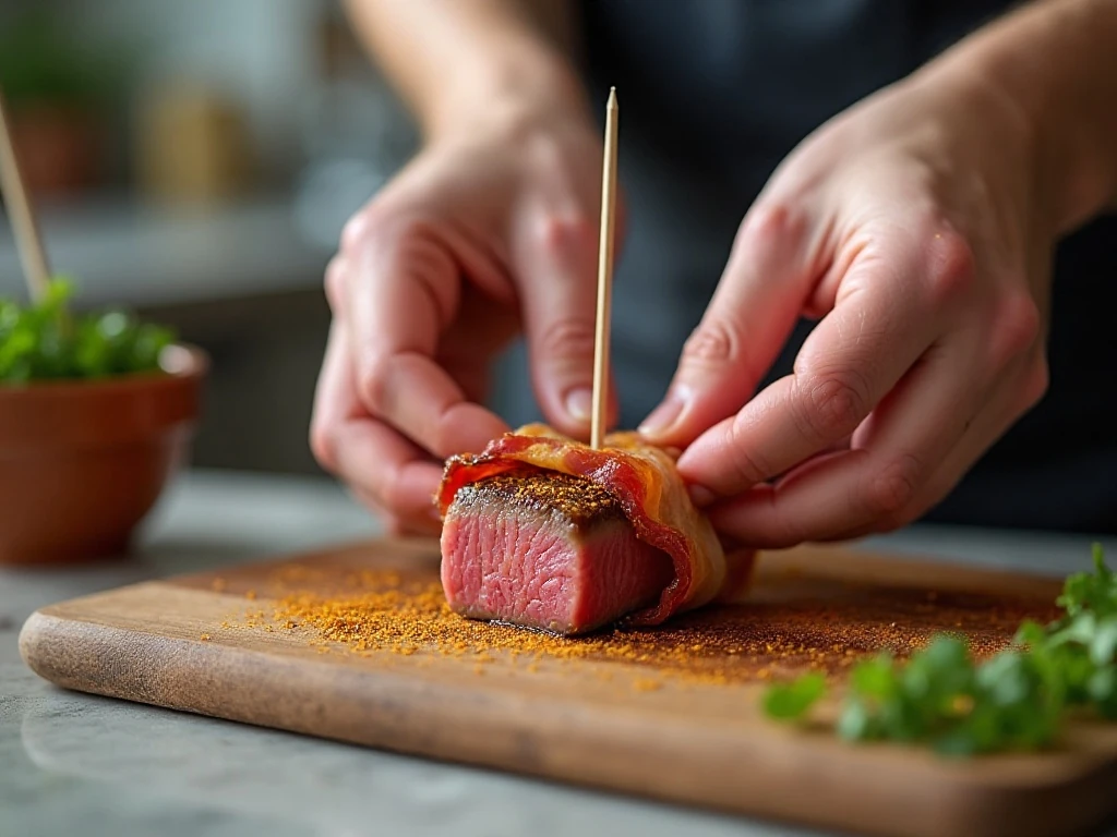 Wrapping steak cubes with bacon before air frying