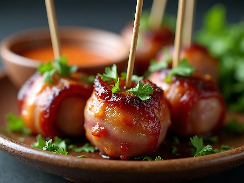 Close-up of garnished bacon-wrapped steak bites with dipping sauce