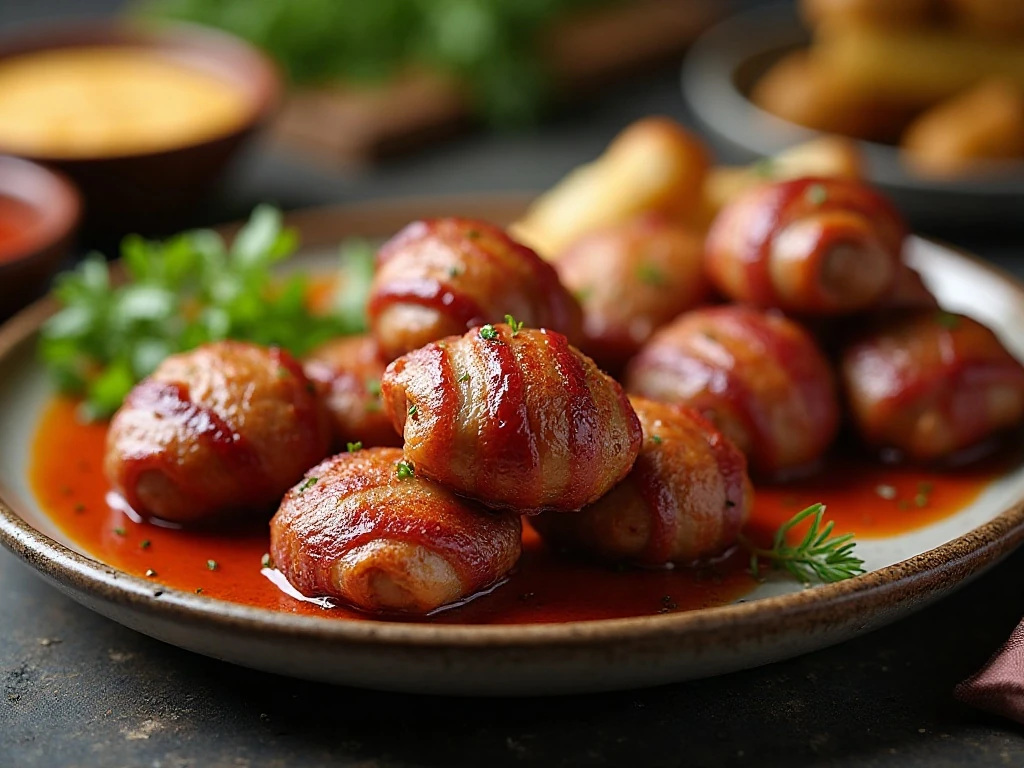 Finished air fryer bacon-wrapped steak bites ready to serve