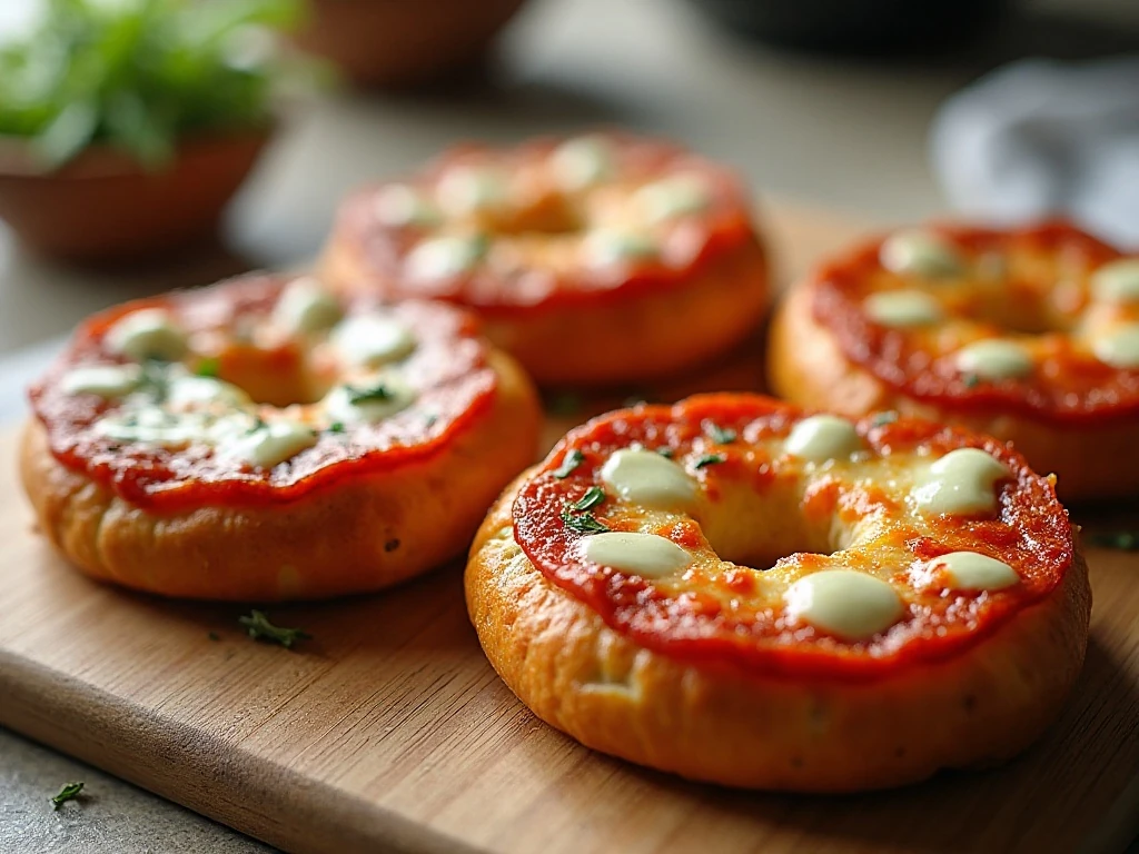 Four crispy air fryer bagel pizzas with melted mozzarella and pepperoni