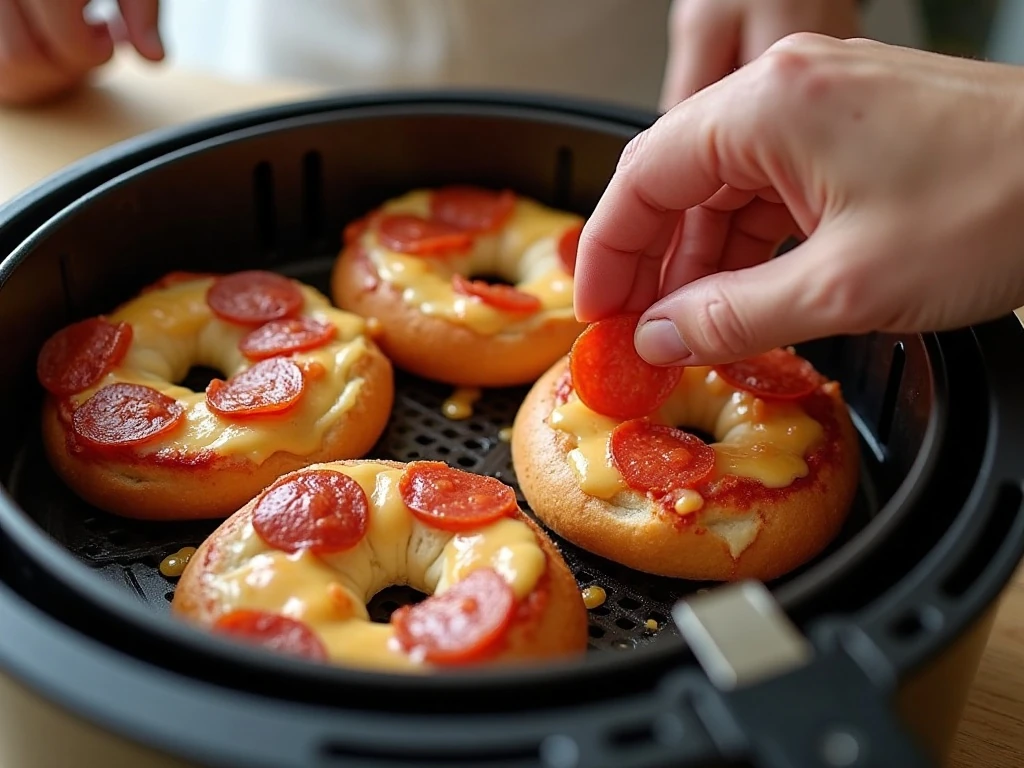 Bagel halves being prepared in an air fryer basket