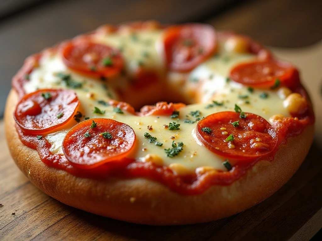 Close-up of crisp cheese and toppings on an air fryer bagel pizza