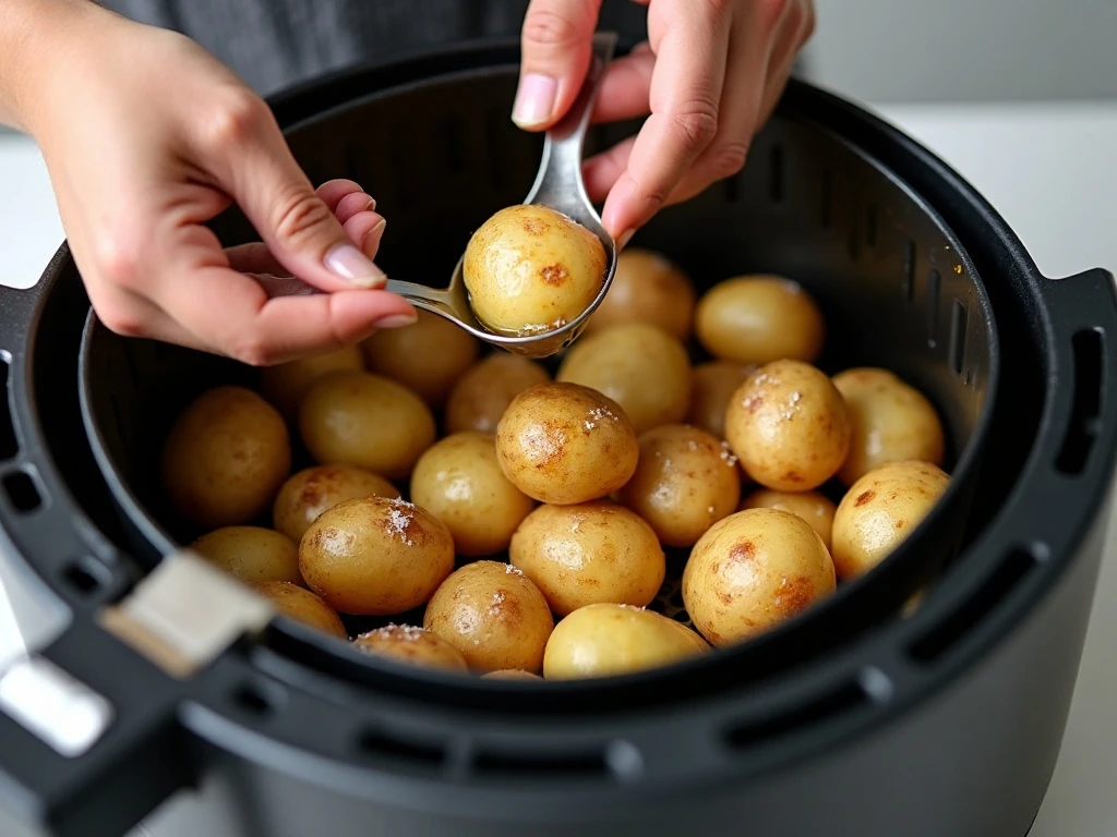 Russet potatoes arranged in an air fryer basket
